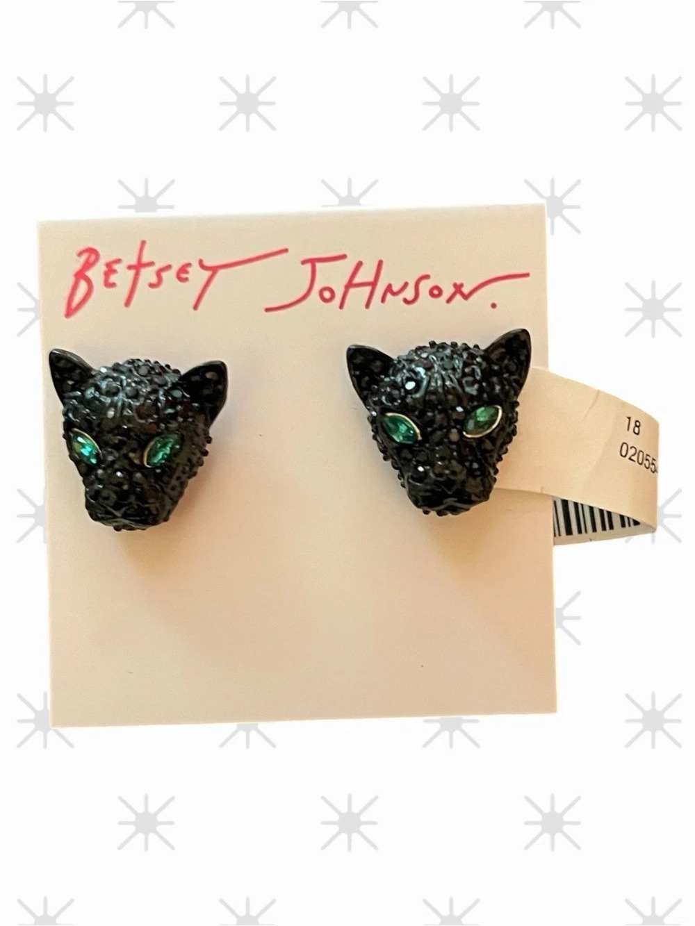 Betsey Johnson Black Panther Cat Stud Earrings with Green Eyes